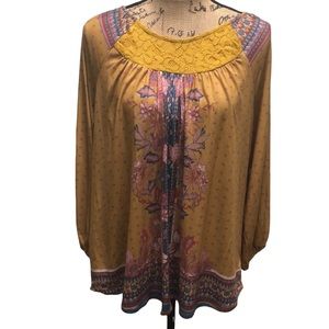 {World Unity} Boho Style Floral Print Boatneck Blouse